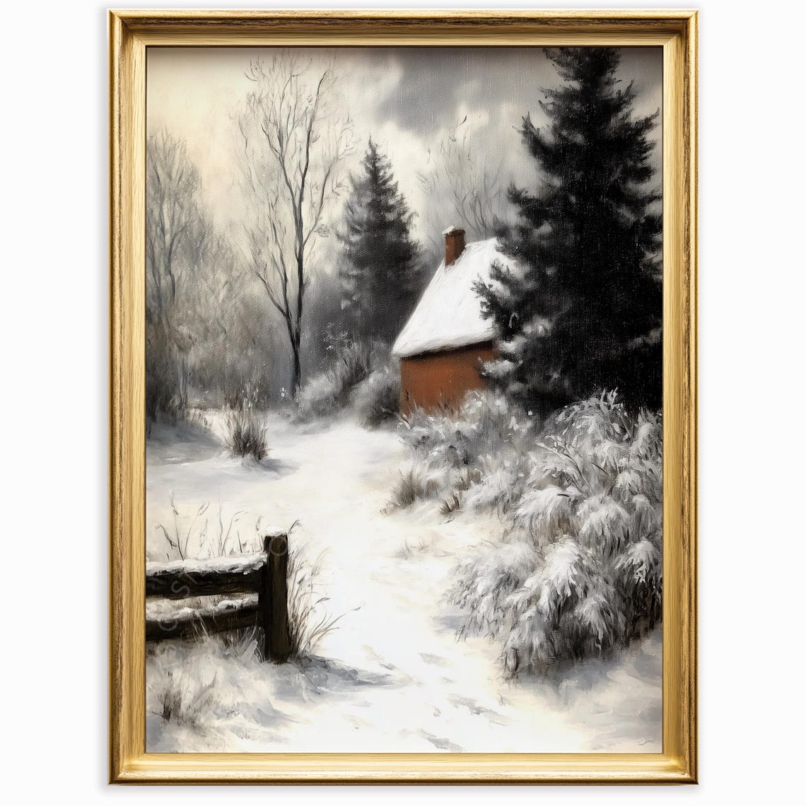 Snowy Red Cabin Deep Winter Forest Cozy Rustic Landscape Wall Art
