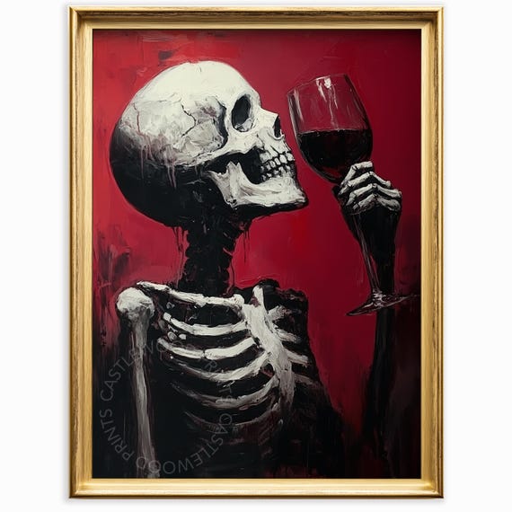 Vintage Skeleton With Wine Glass Moody Gothic Art Dark Red Background Unique Halloween Decor Painting 1068