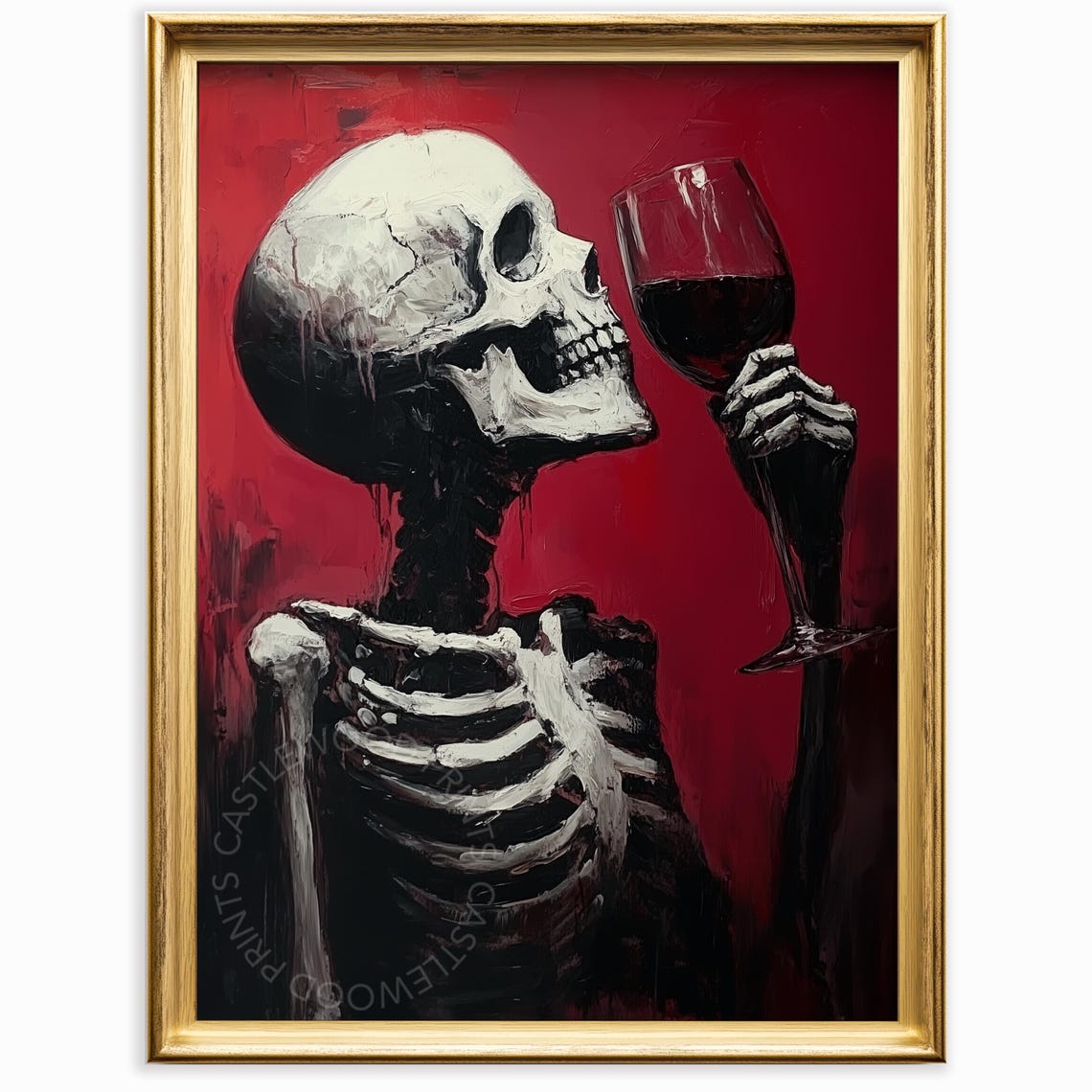 Vintage Skeleton With Wine Glass Moody Gothic Art Dark Red Background Unique Halloween Decor Painting 1068