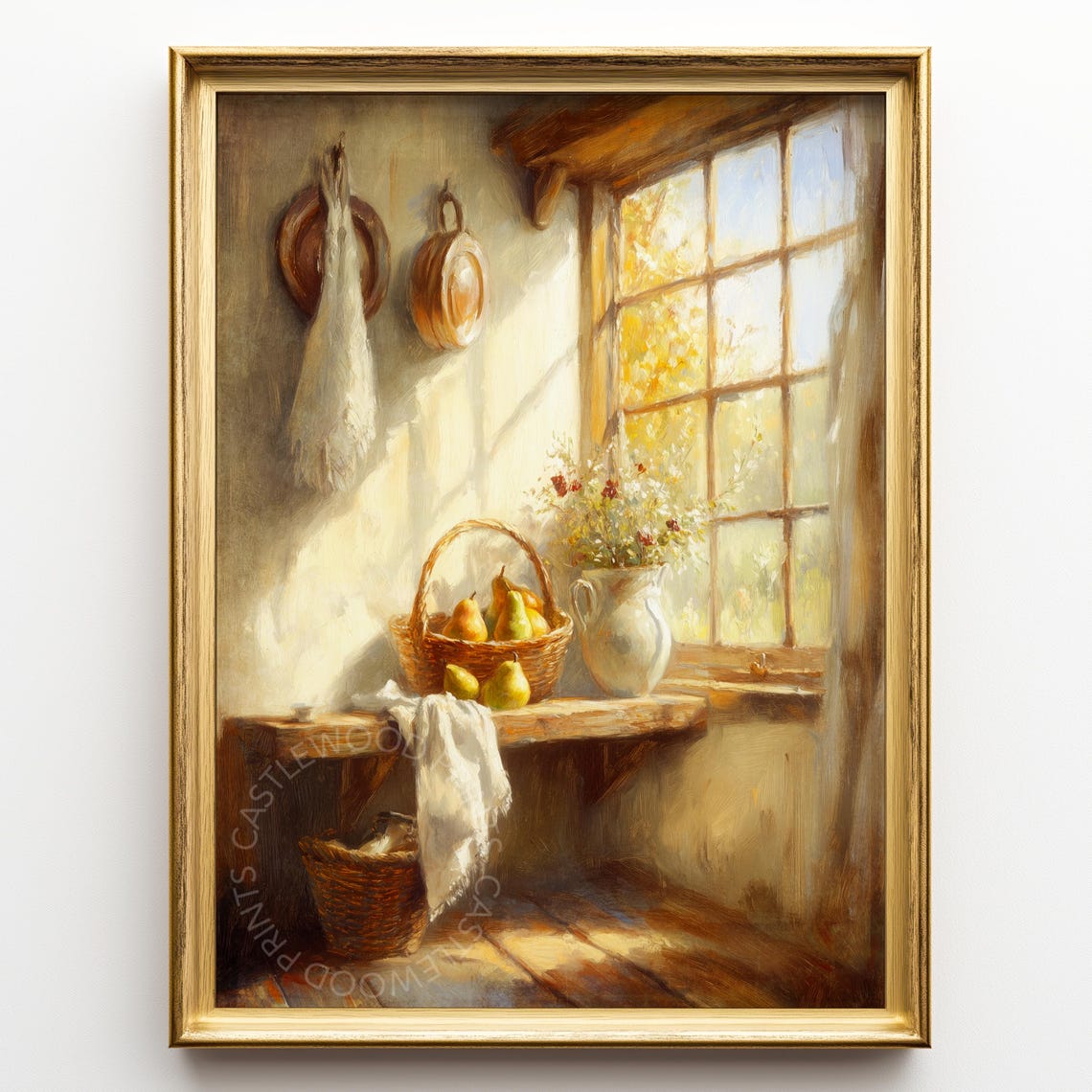 Rustic Kitchen Window Basket of Pears Sunlit Country Fine Art Poster