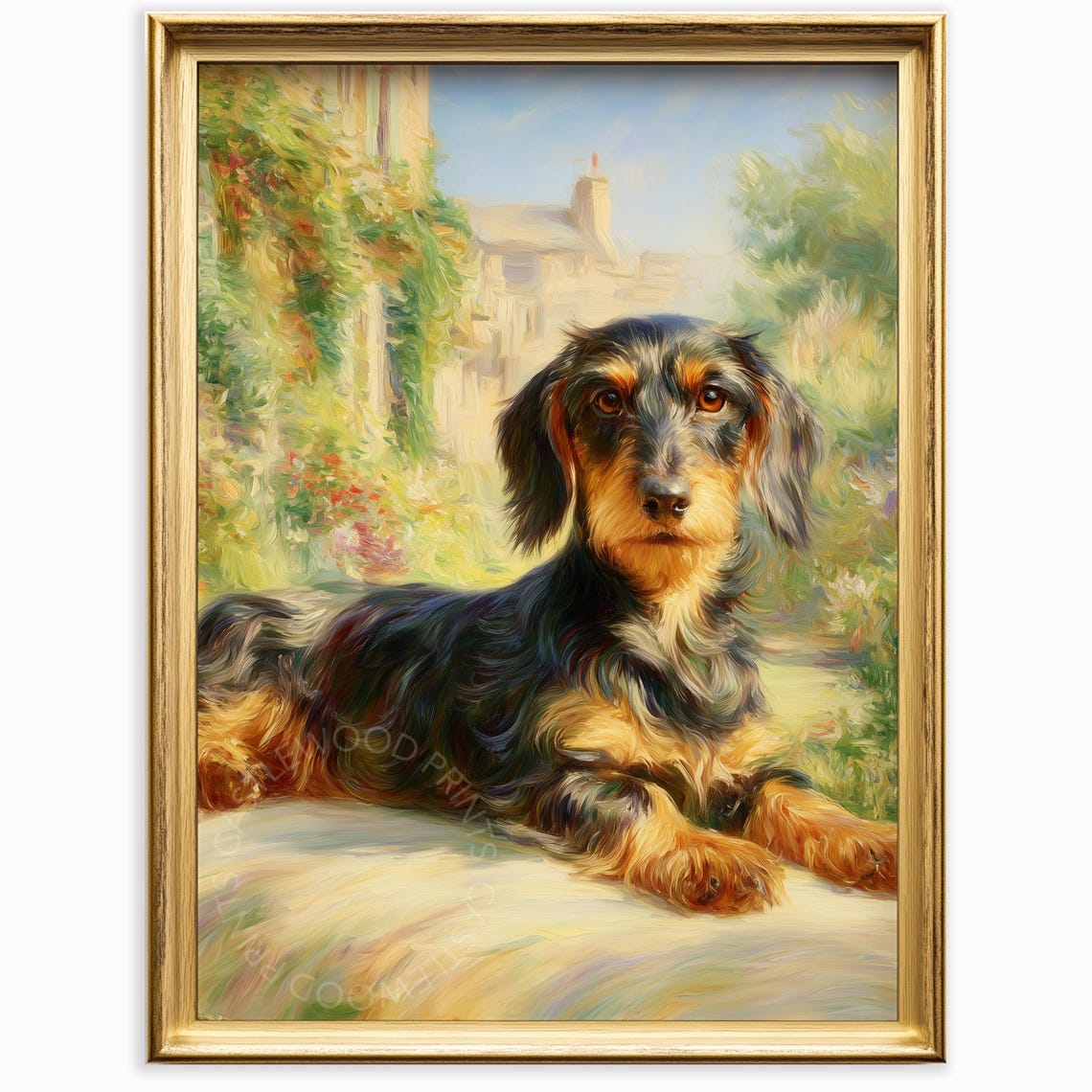 Wirehaired Black Tan Dachshund Oil Painting Sunny Garden Poster