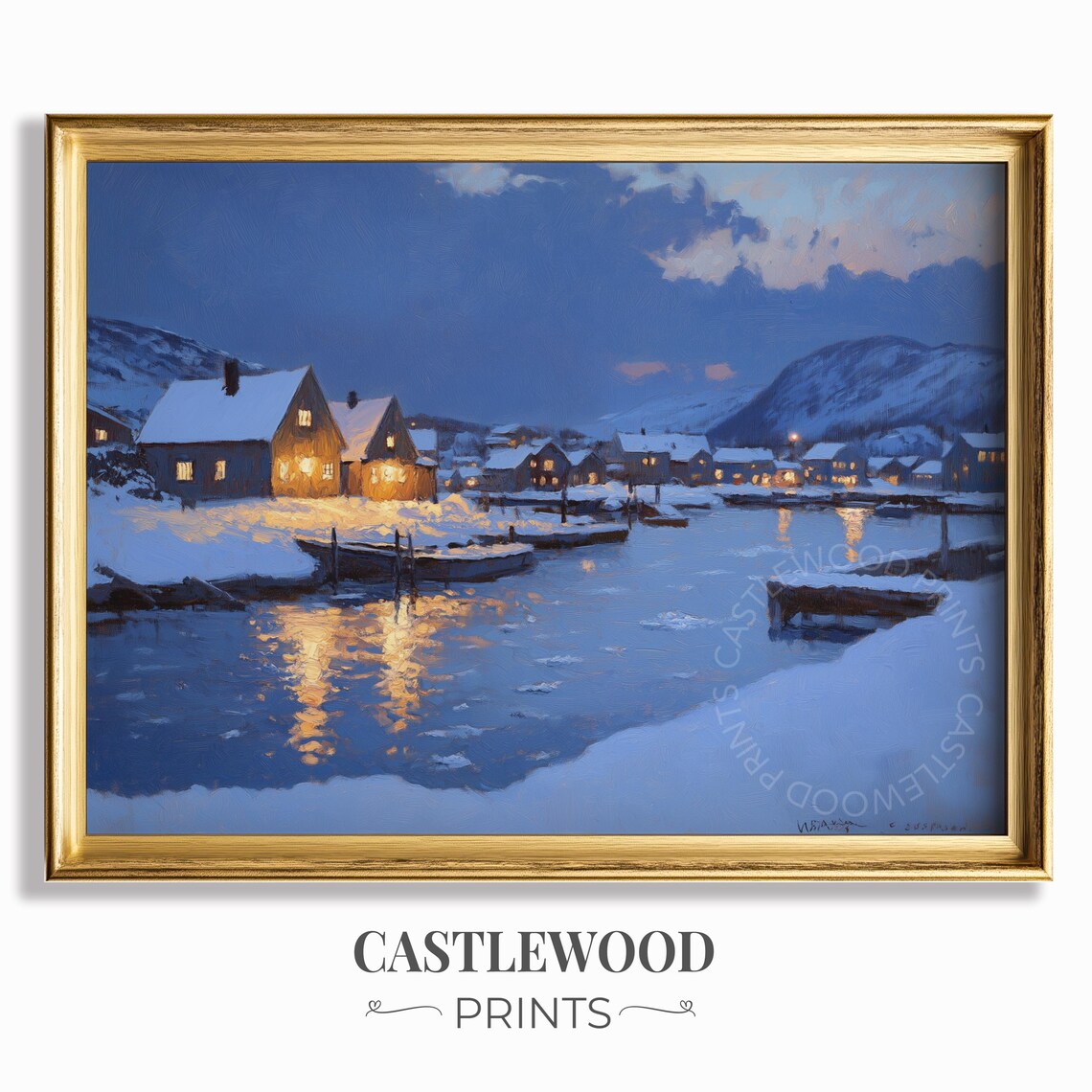 Snowy Harbor Village At Dusk With Boats And Golden Reflections Poster