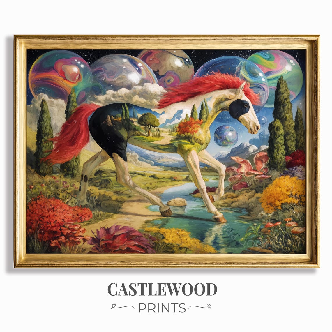Surreal Horse With Cosmic Bubble Landscape Fantasy Art Poster