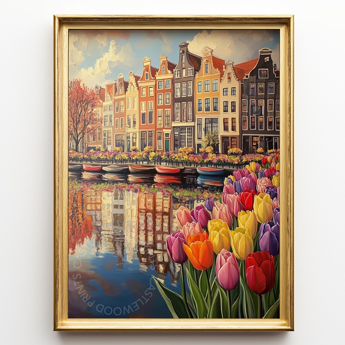 Amsterdam Canal Houses And Tulips Spring Painting Art Poster