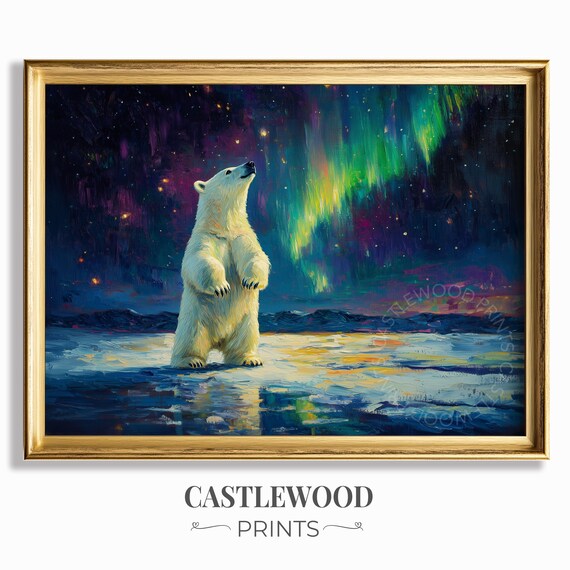 Northern Lights Polar Bear Painting Winter Wall Art Arctic Night Scene Majestic Animal Decor 76
