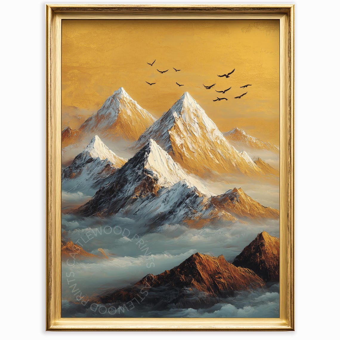 Snowy Mountain Peaks At Golden Sunset Birds Soaring Over Clouds Poster
