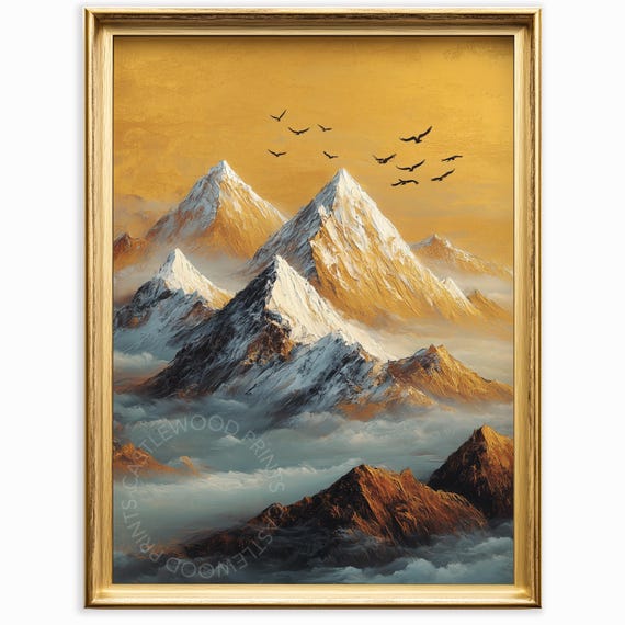 Golden Mountain Peaks Majestic Snowy Mountainscape Earthy Wall Art Decor Rustic Landscape Painting 947