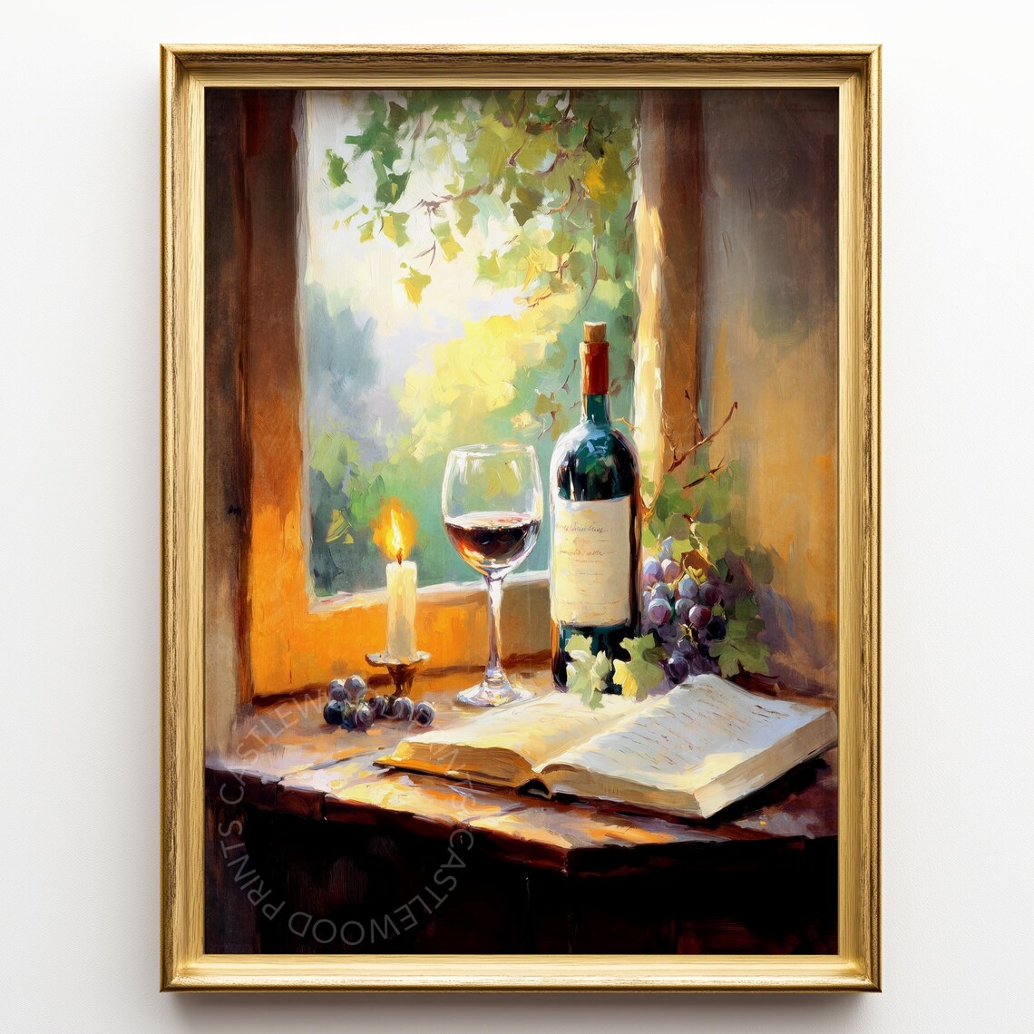 Wine Bottle and Book Still Life at Candlelit Window Oil Poster
