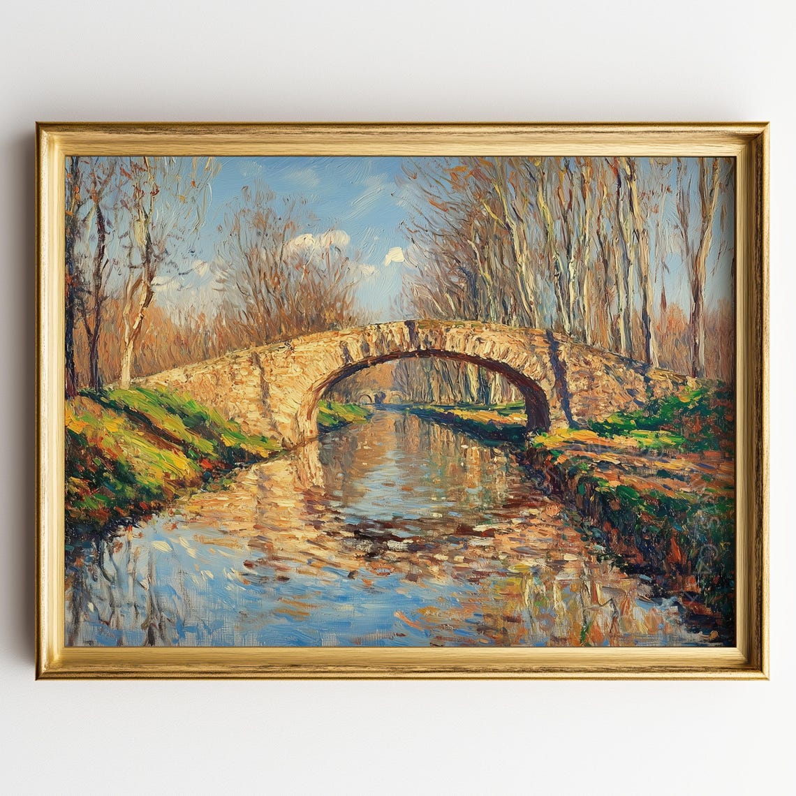 Rustic Stone Bridge Over Autumn River Landscape Oil Painting Poster