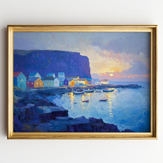 Twilight In Icelandic Fishing Village Coastal Wall Art Scenic Seaside Painting Vintage Decor Ocean 330