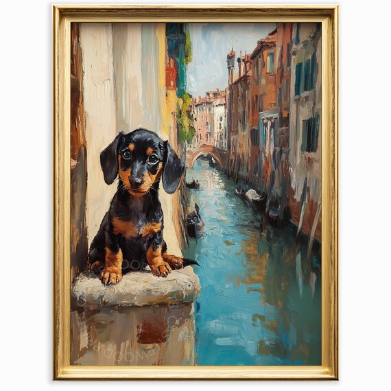 Charming Dachshund Puppy By Venice Canal Wall Art Soft Brushstrokes Cute Dog Painting Petite Portrait Decor 36