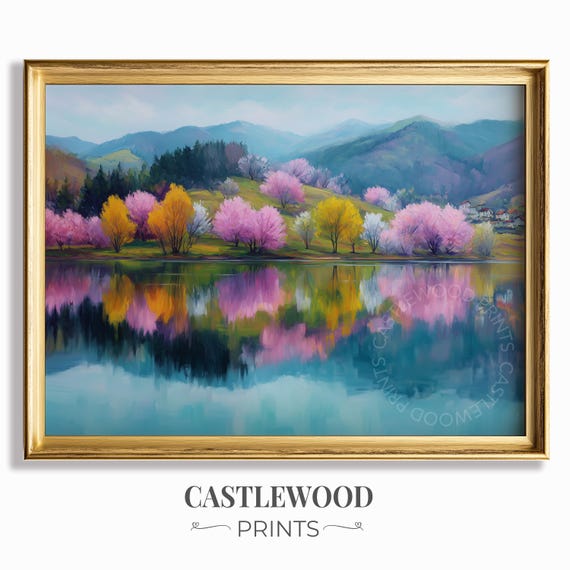 Spring Hillside Reflections Print Colorful Blossom Trees Serene Water Scene Loose Brushstrokes Pastel Landscape Art 715