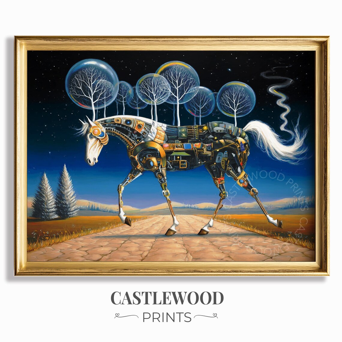Surreal Mechanical Horse at Night with Glass Tree Globes Art Poster