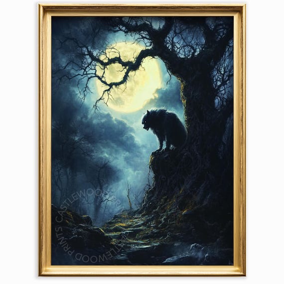 Moody Night Forest Scene Dark Bear Silhouette Under Full Moon Art Mystical Landscape Enchanted Wall Print 1074