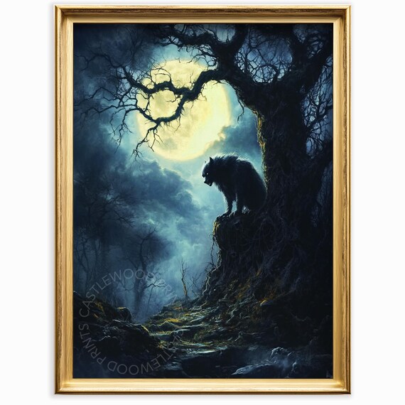 Werewolf Howling Beneath a Huge Full Moon Dark Forest Art Poster