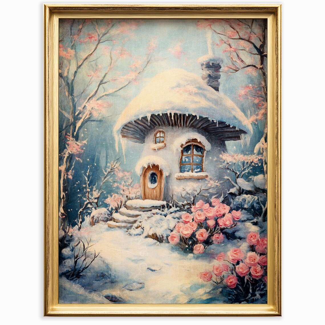 Enchanted Snowy Mushroom Cottage Winter Fairy Tale Art Poster