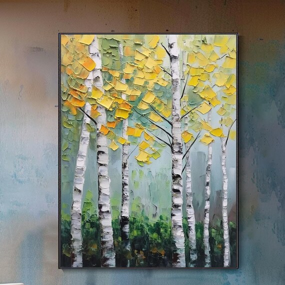 Hand Painted Birch Forest Original Thick Texture 3d Palette Knife Oil On Modern Impressionist Home Wall Hanging Living Room Decor