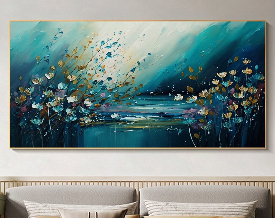 Teal Floral Seascape Gold Accent Abstract Flower Oil Painting Poster