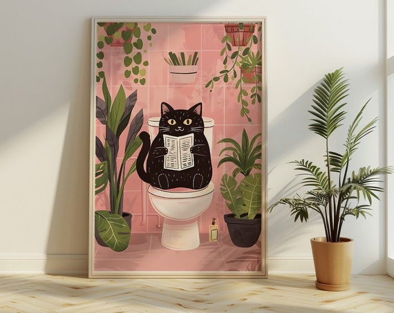 Bathroom Cat Reading Newspaper Vintage Cat Art Print