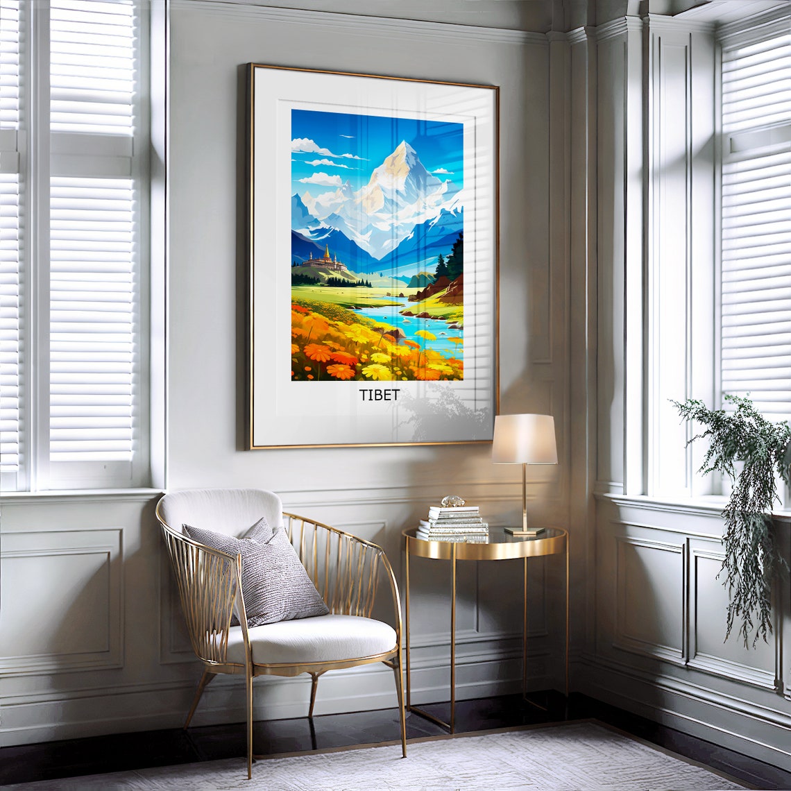 Tibet Himalayan Valley Temple River Flower Fields Art Poster - Image 2