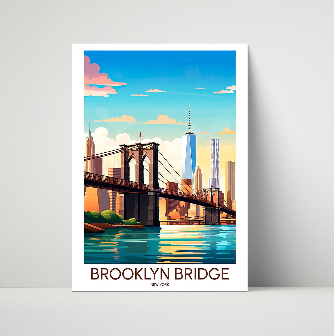Brooklyn Bridge New York Skyline Illustrated Vintage Travel Poster