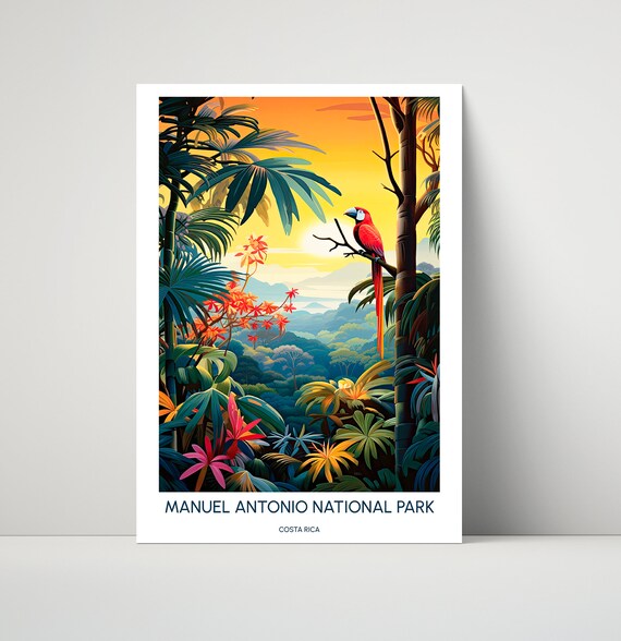 Manuel Antonio Costa Rica Macaw Parrot Sunset Illustrated Travel Poster