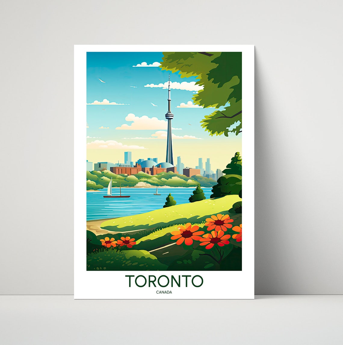 Toronto Canada CN Tower Skyline Sailboats Flowers Travel Poster