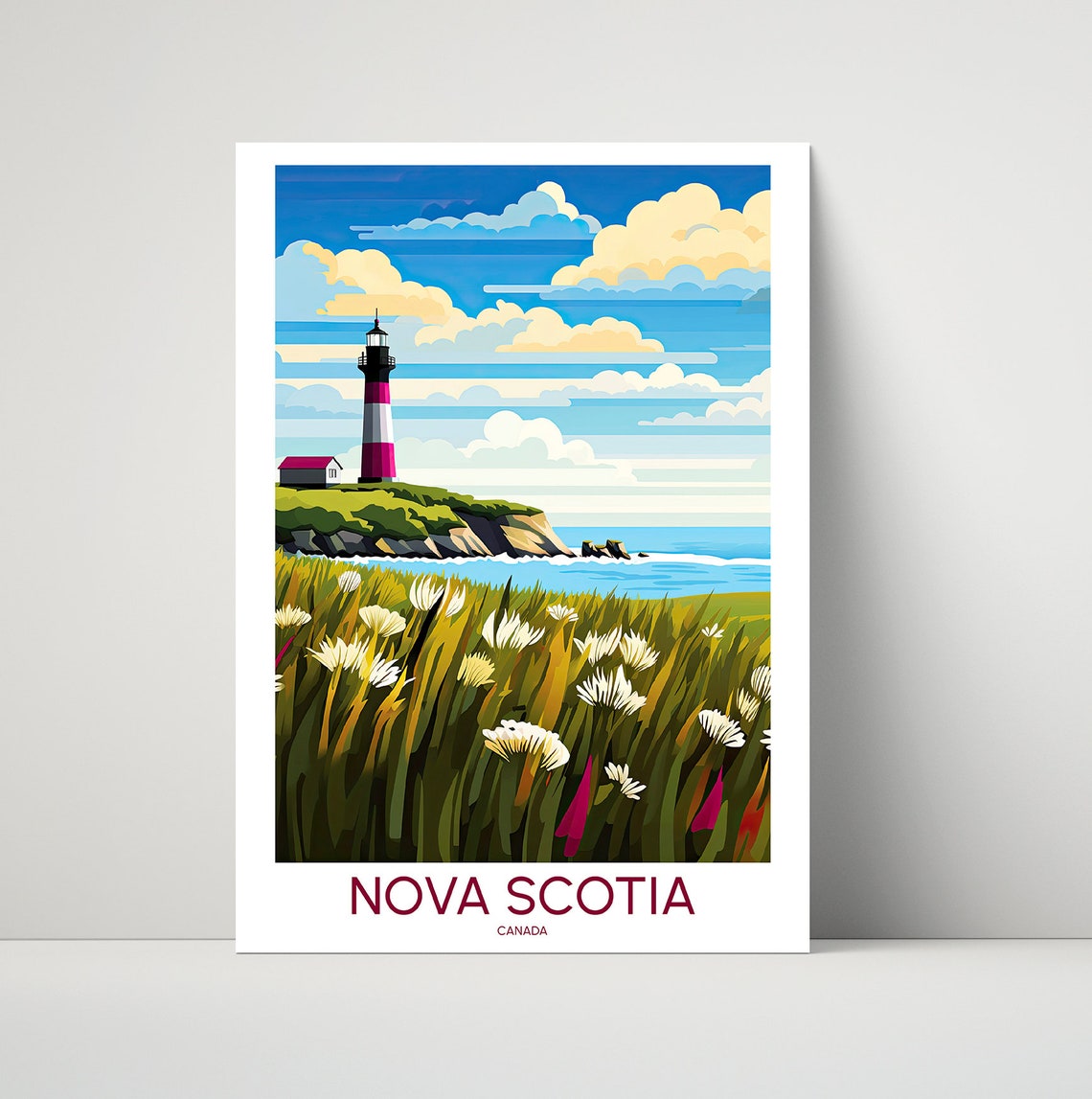 Nova Scotia Canada Red Lighthouse Rocky Coast Wildflowers Poster