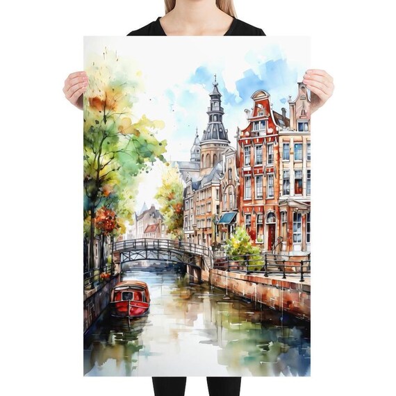 Amsterdam Canal Watercolor Travel Poster, Bohemian Style