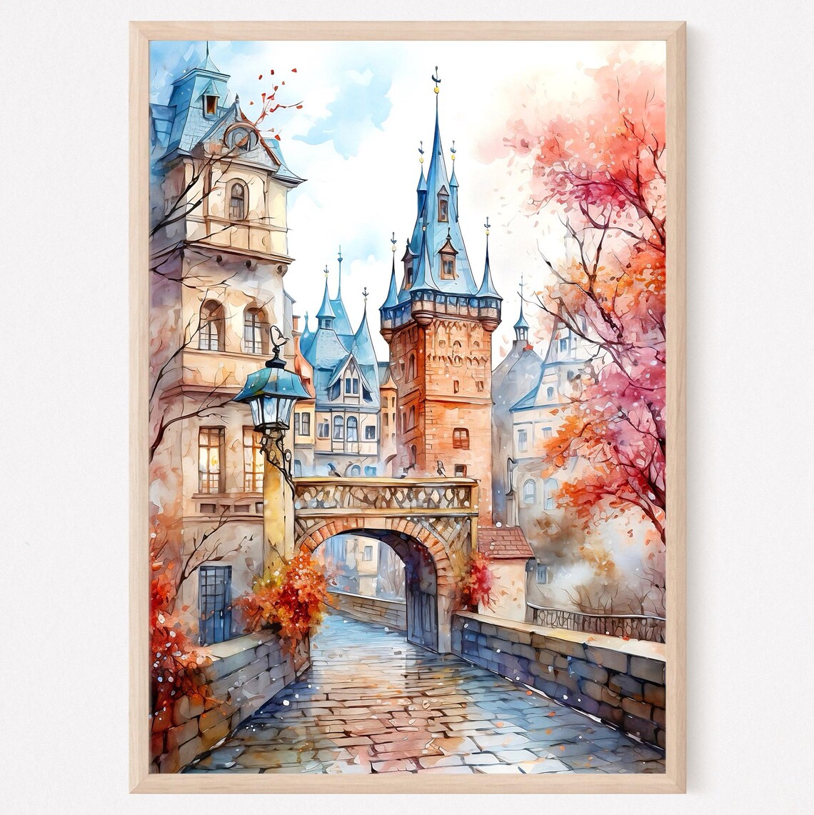 Prague Old Town Bridge Towers Autumn Colors Watercolor Poster