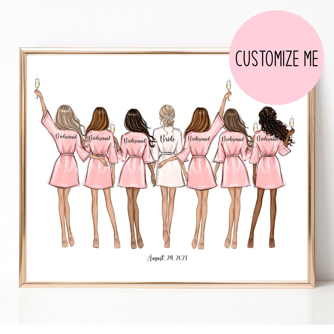 Bride and Six Bridesmaids Pink Robes Champagne Illustration Poster