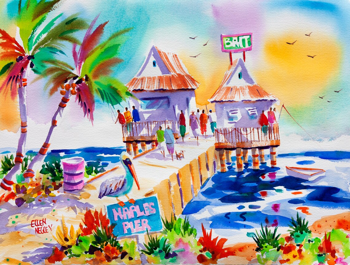 Naples Pier Pelican Watercolor Art Print, Florida - Image 3