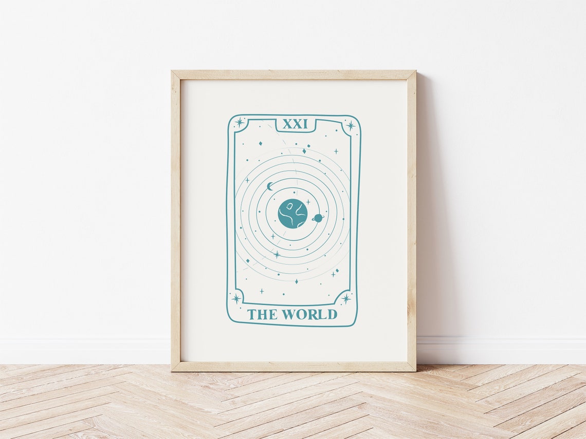 The World XXI Tarot Card Teal Line Art Celestial Mystic Wall Print - Image 2