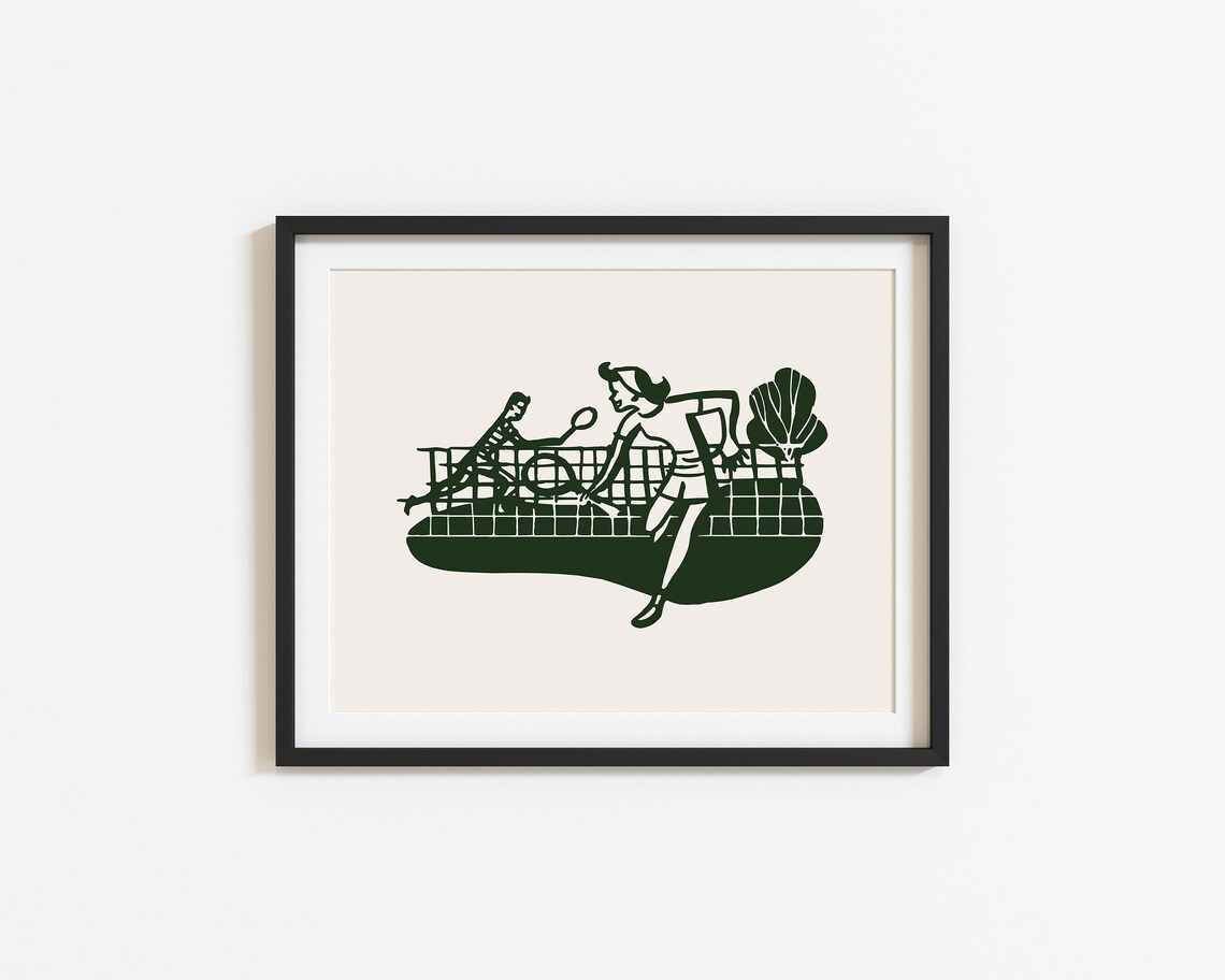 Vintage Tennis Match Players Retro Green Line Art Wall Print - Image 2