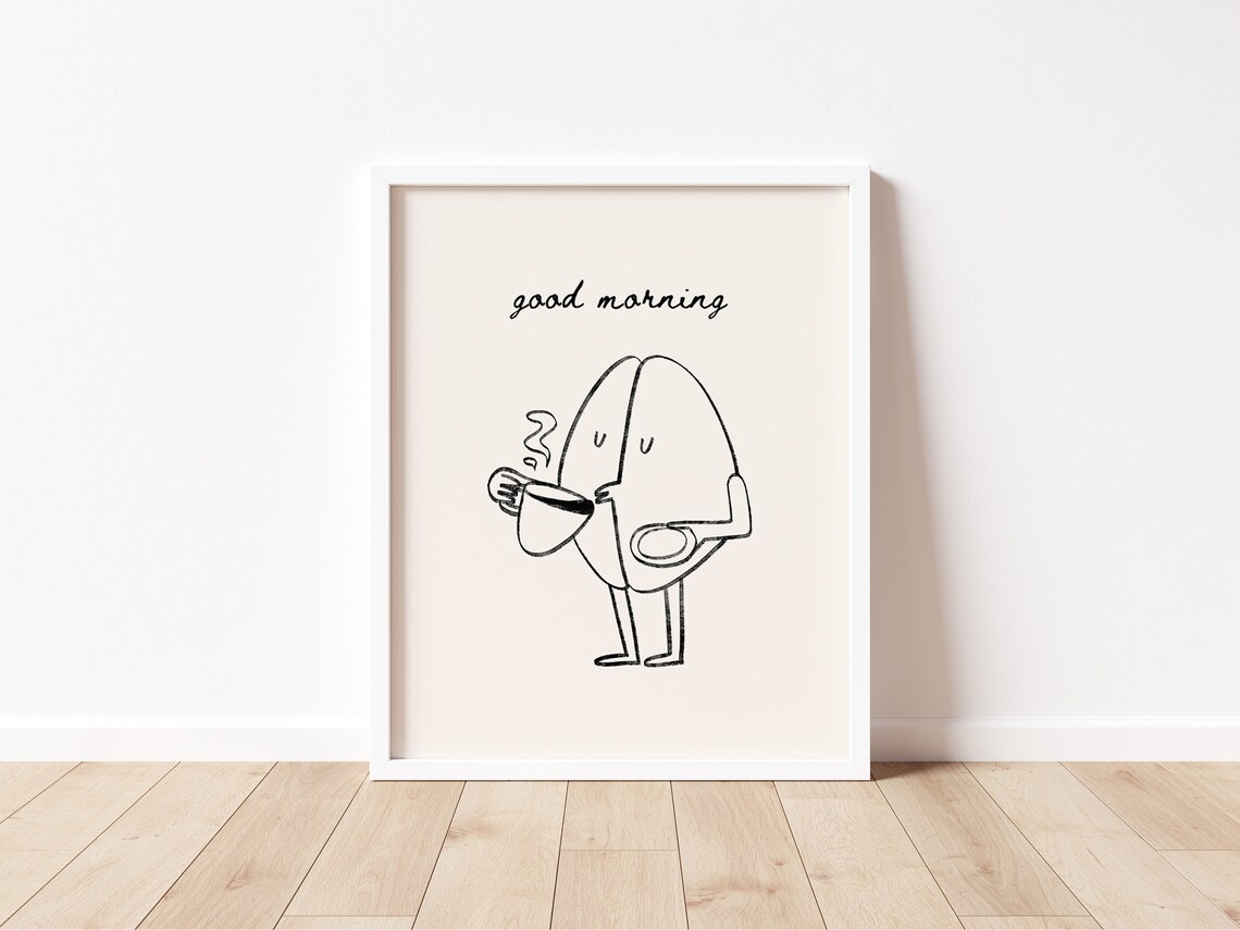 Good Morning Cute Coffee Bean Character Hand Drawn Kitchen Print - Image 2