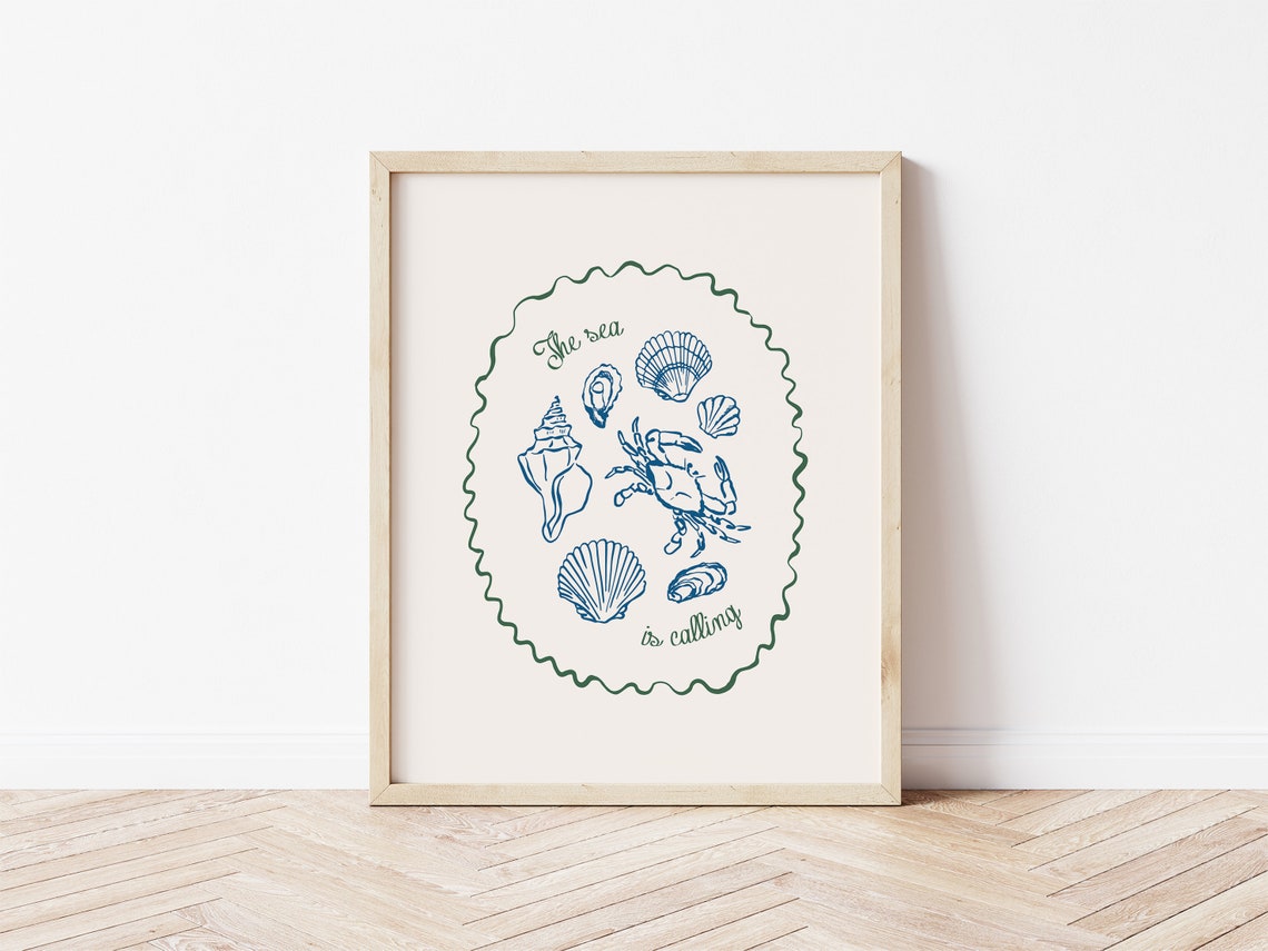 The Sea Is Calling Navy Shells Crab Green Coastal Art Poster - Image 2