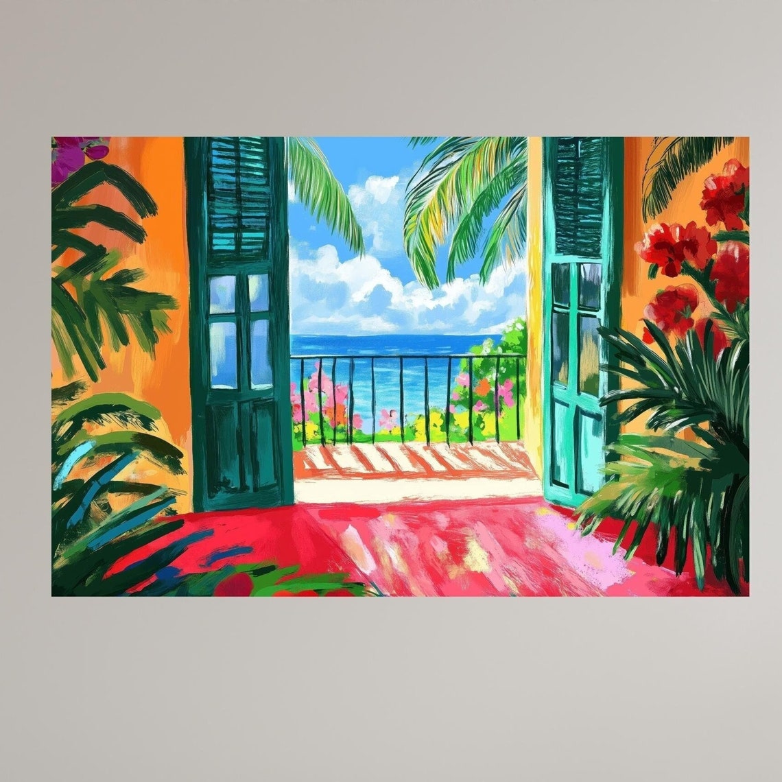 Colorful Tropical Balcony Painting Open Doors Ocean Palm View Poster