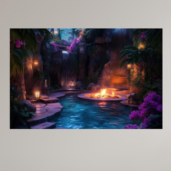 Mystical Jungle Pool With Waterfalls And Fire Pit Exotic Tropical Oasis Wall Art Tranquil Nighttime Nature Decor