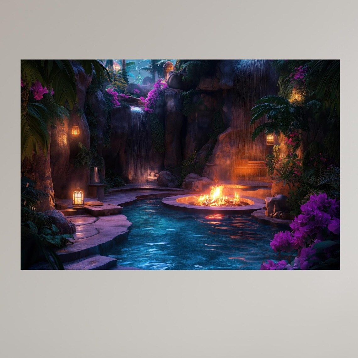 Mystical Jungle Pool With Waterfalls And Fire Pit Exotic Tropical Oasis Wall Art Tranquil Nighttime Nature Decor