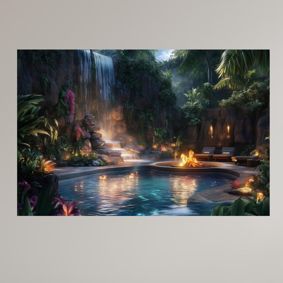 Twilight Jungle Waterfall Pool Fire Pit Island Loungers Dream Poster