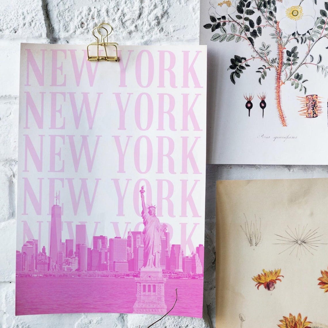Pink New York City Skyline Poster with Statue of Liberty Typography