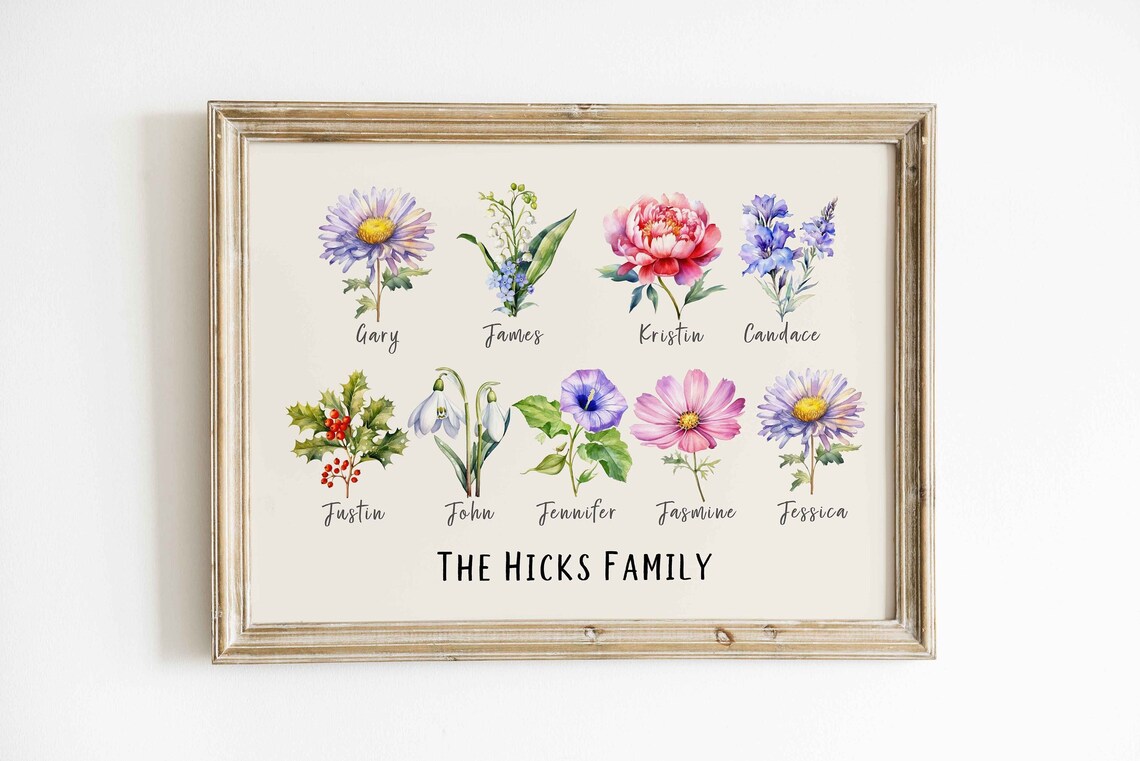 Birth Flower Family Garden Print, Personalized Christmas Gift