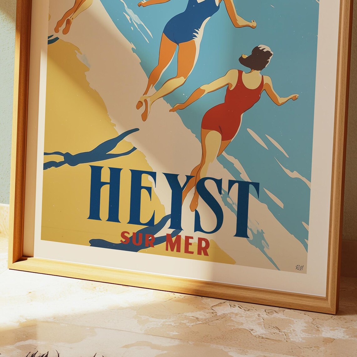 Heyst Sur Mer Vintage Beach Poster Retro Swimmers Running Seaside Scene - Image 5