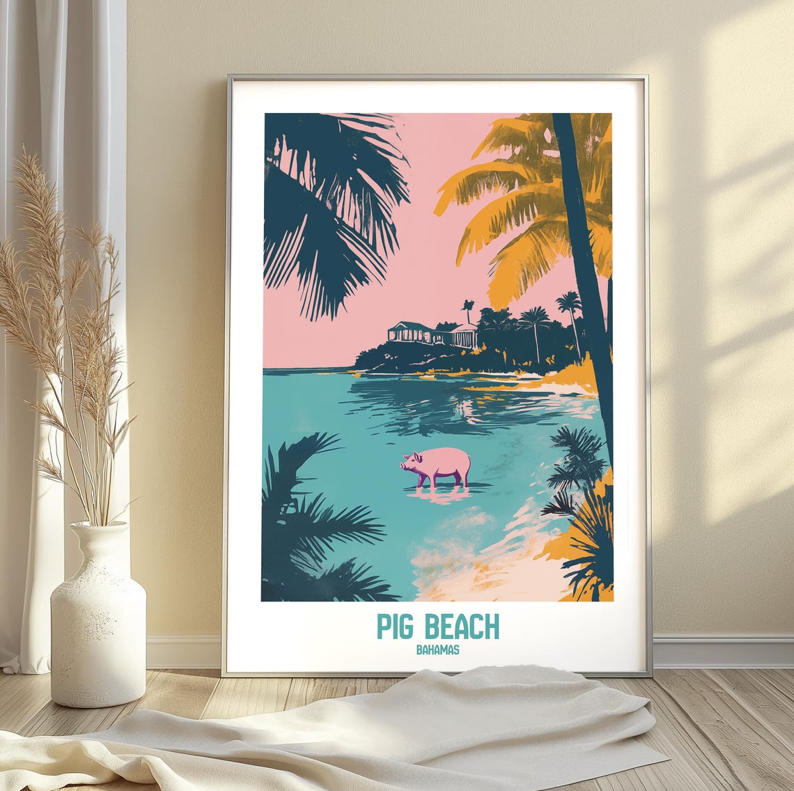 Pig Beach Bahamas Swimming Pig Tropical Island Scene Artwork Poster