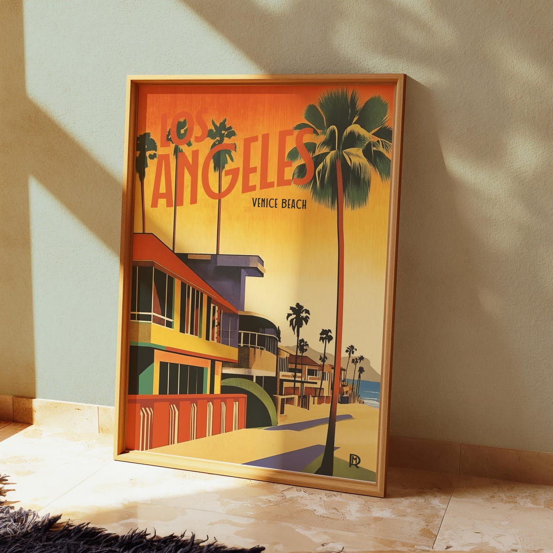 Los Angeles Venice Beach Vintage Travel Poster Retro Palm Trees Scene