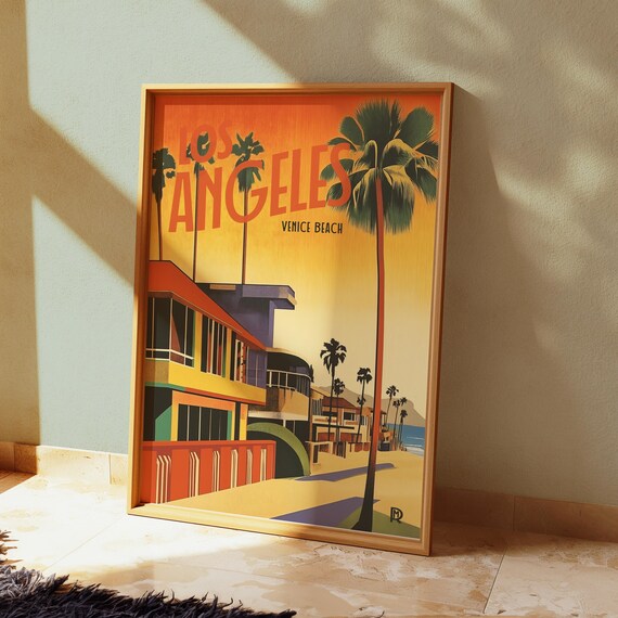 Los Angeles Venice Beach Vintage Travel Poster Retro Palm Trees Scene