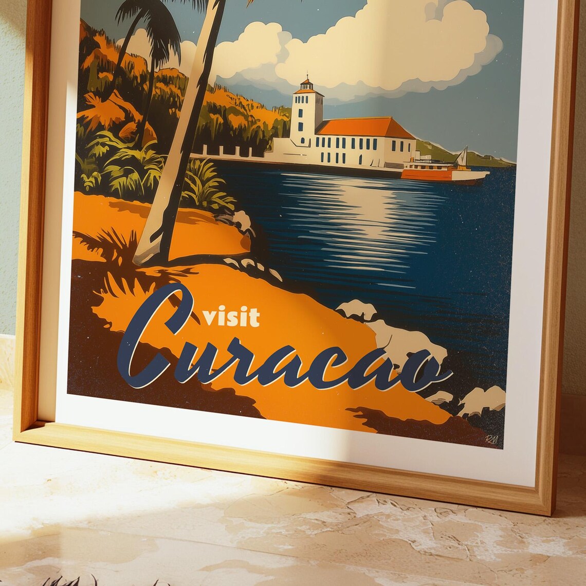 Curacao Caribbean Palm Beach Colonial Fort Sunset Bay Poster - Image 3