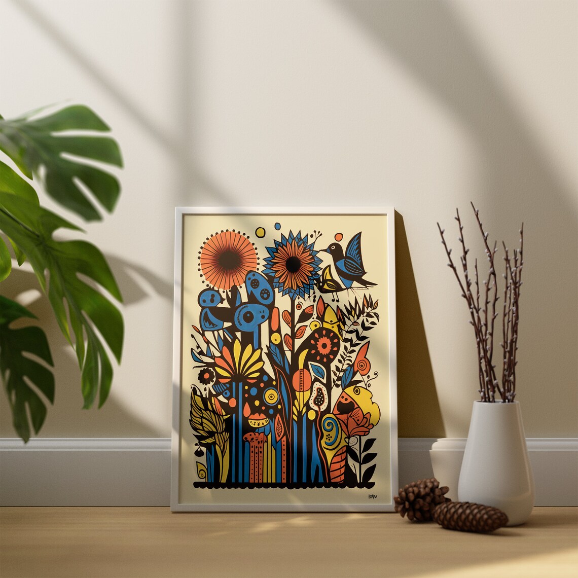 Fantasy Birds and Floral Art Print, Retro Style - Image 3