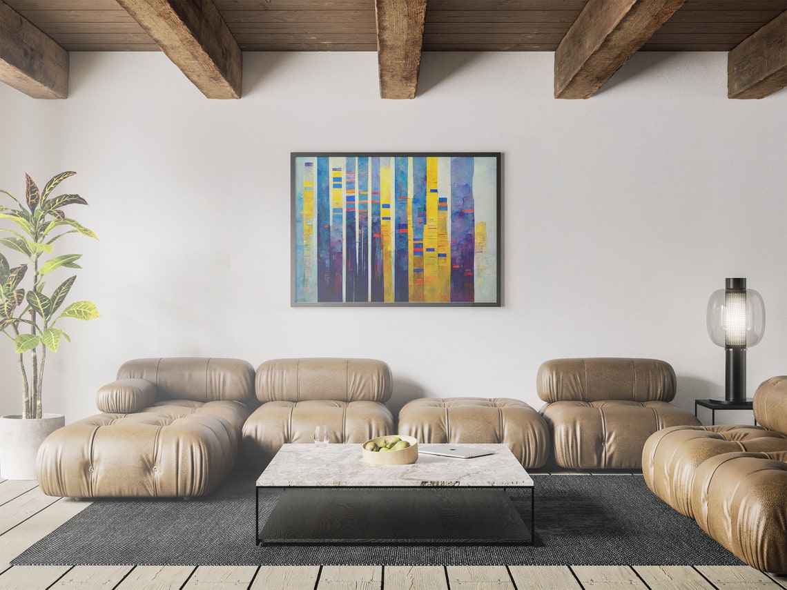 Abstract Blue and Yellow Vertical Stripe Oil Painting Poster - Image 7