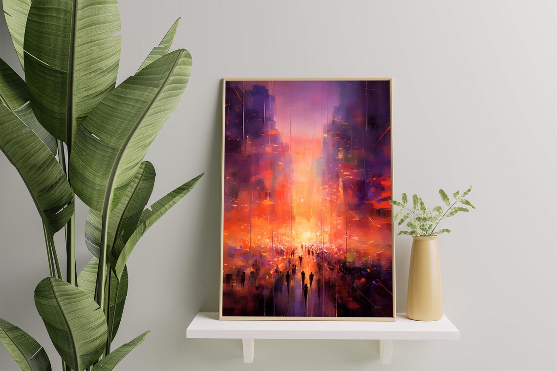 Abstract Orange Sunset City Crowd Street Oil Painting Art Poster - Image 5